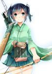  1girl archery arrow blue_eyes blue_hair blush bow_(weapon) breasts hakama_skirt japanese_clothes kantai_collection kyuudou muneate personification quiver ribbon short_hair skirt smile souryuu_(kantai_collection) twintails weapon yugake 