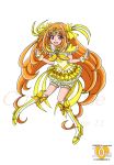  1girl :d adapted_costume anniversary arudebido bare_shoulders boots bow brooch character_name choker circlet copyright_name cure_muse_(yellow) frills g-clef_(suite_precure) hair_bow jewelry knee_boots long_hair magical_girl open_mouth orange_hair pink_eyes precure ribbon shirabe_ako skirt smile solo suite_precure white_background wrist_cuffs yellow_skirt 
