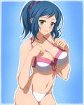  1girl alternate_hairstyle aqua_eyes bikini blue_background blue_hair breasts gundam gundam_build_fighters hobenkei iori_rinko large_breasts lips looking_at_viewer short_hair smile solo swimsuit 