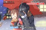  1boy 1girl black_hair brown_hair closed_eyes covering_face gloves interview kirito meso-meso microphone mittens parody scarf short_hair silica special_feeling_(meme) sword_art_online twintails umbrella 