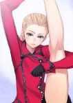  1girl black_gloves blonde_hair blue_eyes blush gloves kneepits leg_up looking_at_viewer matsuryuu ponytail solo stretch yulia_vyacheslavovna_lipnitskaya 