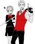  1boy 1girl :t blush bow cardigan_vest evoker female_protagonist_(persona_3) monochrome naginata persona persona_3 persona_3_portable polearm pout ribbon sanada_akihiko school_uniform spot_color weapon xla009 