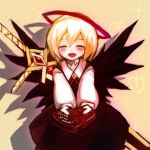  1girl :d ^_^ black_skirt black_wings blonde_hair blouse closed_eyes english ex-rumia fang halo heart highres huge_weapon offering open_mouth rumia short_hair skirt smile spark621 sword touhou vest weapon wings 