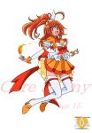  1girl :d adapted_costume alternate_hairstyle anniversary arm_warmers arudebido boots bow brooch character_name copyright_name cure_sunny frills hair_ornament hairpin half_updo hino_akane jewelry magical_girl open_mouth orange_hair orange_skirt ponytail precure red_eyes ribbon short_hair skirt smile smile_precure! solo thigh_boots thighhighs white_background white_legwear 