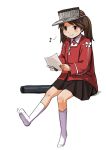  1girl brown_eyes brown_hair kantai_collection musical_note personification ryuujou_(kantai_collection) scissors shiba_murashouji skirt smile socks solo twintails visor_cap 