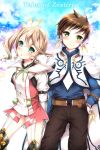  1boy 1girl akamomo alicia_(tales) brown_hair cape copyright_name earrings green_eyes hand_on_hip jewelry pants shirt short_hair side_ponytail slay_(tales) smile tales_of_(series) tales_of_zestiria thigh_strap 