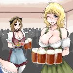  alcohol apron beer beer_mug blonde_hair blue_eyes breasts brown_hair choker cleavage dirndl glasses hairband large_breasts lowres multiple_girls original supopo_(pi4v2000) traditional_clothes waist_apron waitress wink 