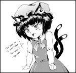  1girl anger_vein animal_ears cat_ears cat_tail chen draw-till-death earrings english fang hat jewelry monochrome multiple_tails open_mouth short_hair tail tears touhou two_tails 
