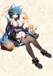  1girl animal_ears bare_shoulders blue_hair blush bow breasts cat cat_ears cat_tail detached_sleeves food hair_bow highres large_breasts long_hair looking_at_viewer mamuru original pantyhose red_eyes sitting solo striped striped_legwear tail vertical-striped_legwear vertical_stripes 