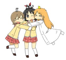  3girls aioi_yuuko bird black_hair blonde_hair blush brown_hair cat closed_eyes hotaka_(fukuhotaka) labcoat long_hair nichijou professor_shinonome sakamoto_(nichijou) scarf school_uniform shinonome_nano short_hair skirt smile wince wink 