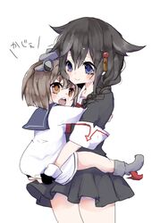  2girls black_hair blue_eyes braid breasts brown_eyes brown_hair dress edo. eyebrows hair_ornament hairclip horns huge_breasts kantai_collection long_hair multiple_girls open_mouth personification shigure_(kantai_collection) short_hair single_braid skirt smile translation_request white_dress yukikaze_(kantai_collection) 