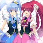  2girls aino_megumi blue_dress blue_eyes blue_hair bowtie brooch crown cure_lovely cure_princess dress frills hair_ornament happinesscharge_precure! heart_hair_ornament highres jewelry kuromugi long_hair magical_girl mini_crown multiple_girls necktie pink_dress pink_eyes pink_hair polka_dot polka_dot_background ponytail precure shirayuki_hime smile twintails 
