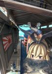 arms_behind_back blonde_hair blue_eyes blush bound_wrists cuffs dated dock elbow_gloves giantess gloves hairband handcuffs highres kantai_collection long_hair luanluan midriff miniskirt partially_translated personification pleated_skirt red_legwear rising_sun sailor_collar shimakaze_(kantai_collection) skirt sleeveless solo_focus striped striped_legwear top-down_bottom-up translation_request white_gloves 