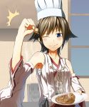  1girl bare_shoulders brown_hair clenched_hand curry detached_sleeves food hair_ornament hairclip hiei_(kantai_collection) highres japanese_clothes kantai_collection personification sarashi short_hair skull smile solo wink 
