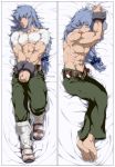  1boy abs artist_request barefoot blue_hair bow crop_top dakimakura greaves hair_bow long_hair low-tied_long_hair manly muscle pectorals regal_bryan shackles shirtless solo tales_of_(series) tales_of_symphonia toes undone_belt 