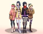  4girls alternate_costume beret black_hair black_legwear bob_cut bobblehat boots brown_hair cobblestone ebi_typer fashion hand_in_pocket hat highlights highres holding_hands jakuzure_nonon kill_la_kill kiryuuin_satsuki mankanshoku_mako matoi_ryuuko multicolored_hair multiple_girls pantyhose pink_hair redhead scarf senketsu smile striped striped_legwear thighhighs torn_clothes torn_pantyhose two-tone_hair white_legwear winter_coat 