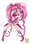  1girl anniversary armpits arudebido blue_eyes boots brooch character_name choker copyright_name cure_melody frills hair_ribbon houjou_hibiki jewelry knee_boots long_hair magical_girl midriff pink_hair pink_skirt precure ribbon skirt smile solo suite_precure twintails white_background wrist_cuffs 