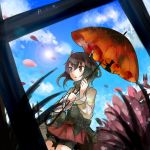  1girl aa_gun bike_shorts blue_sky blush brown_eyes brown_hair cat cherry_blossoms flat_chest headband headgear highres itomugi-kun kantai_collection open_mouth personification petals pleated_skirt rip short_hair silhouette sitting skirt sky solo sun taihou_(kantai_collection) umbrella 