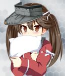  1girl brown_eyes brown_hair covering_mouth icetiina kantai_collection long_hair personification pillow pillow_hug ryuujou_(kantai_collection) solo twintails visor_cap 