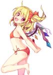  1girl alternate_costume arms_behind_back barefoot bikini blonde_hair fang flandre_scarlet long_hair looking_at_viewer minamura_haruki open_mouth red_bikini red_eyes side-tie_bikini side_ponytail simple_background smile solo swimsuit touhou white_background wings 