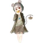  1girl animal_ears basket cheese contemporary eating flat_chest grey_hair hand_in_pocket holding hooded_jacket jewelry legs looking_to_the_side mouse mouse_ears mouse_tail nazrin pendant philosophizer red_eyes short_hair shorts simple_background tail teeth touhou white_background 