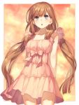  1girl blue_eyes blush brown_hair dress long_hair low_twintails open_mouth original solo twintails 