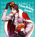  black_gloves bouquet brown_hair cape coca-cola cola crown dated flower fried_chicken gloves happy_birthday jojo_no_kimyou_na_bouken joseph_joestar_(young) kuren necktie suspenders 