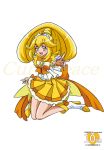  1girl adapted_costume anniversary arudebido blonde_hair bowtie brooch character_name choker copyright_name cure_peace frills jewelry kise_yayoi long_hair magical_girl outstretched_hand precure shoes skirt smile smile_precure! solo tiara white_background wrist_cuffs yellow_eyes yellow_skirt 