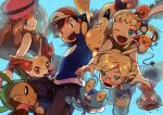  2boys 2girls ;d ahoge baseball_cap blonde_hair blue_background blue_eyes brown_eyes brown_hair bunnelby chespin citron_(pokemon) dedenne eureka_(pokemon) fennekin fingerless_gloves fletchling froakie glasses glomp gloves hat hug jacket long_hair multiple_boys multiple_girls open_mouth pikachu pokemon pokemon_(anime) pokemon_(creature) satoshi_(pokemon) serena_(pokemon) skirt skyloop19 sleeveless sleeveless_shirt smile wink 