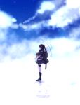  1girl backpack bag black_hair blue_sky boots kantai_collection makura-ko_(nacoll) neckerchief personification school_uniform serafuku shigure_(kantai_collection) skirt sky solo transparent_umbrella umbrella 