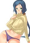  1girl blue_eyes blue_hair breasts dodai_shouji gundam gundam_build_fighters huge_breasts iori_rinko light_smile long_hair looking_at_viewer navel panties ponytail purple_panties ribbed_sweater simple_background solo sweater underwear very_long_hair white_background 