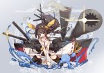 1girl bare_shoulders breasts brown_hair cannon cleavage detached_sleeves double_bun hair_ornament hairband japanese_clothes kantai_collection kongou_(kantai_collection) long_hair nontraditional_miko open_mouth personification skirt smile solo thighhighs torn_clothes turret yoshiwo 