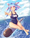  1girl arios_(orochi_yuta) blue_hair highres i-19_(kantai_collection) kantai_collection long_hair personification red_eyes ribbon riding school_swimsuit star star-shaped_pupils swimsuit symbol-shaped_pupils torpedo twintails 
