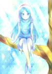  1girl barefoot blue_background blue_eyes blue_hair branch dress full_body fur_trim fuyu_no_ko_rikkarokka hat in_tree long_hair looking_at_viewer nippon_housou_kyoukai nyon_(nx-force) okaasan_to_issho pale_skin rikkarokka short_dress sitting sitting_in_tree sleeveless sleeveless_dress solo tree tree_branch 