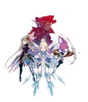  1boy 3girls absurdres animal_ears animal_hood armor arrow blonde_hair bone boots bow bravely_default:_flying_fairy breasts cleavage elbow_gloves gloves green_hair hair_ornament high_heels highres hood long_sleeves multiple_girls official_art redhead simple_background thigh_boots thighhighs white_background yoshida_akihiko 