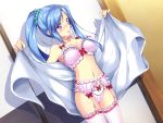  1girl blue_hair blush bra dutch_angle frills garter_belt garter_straps indoors lace lace-trimmed_thighhighs lingerie long_hair navel ponytail solo thighhighs towel underwear violet_eyes 