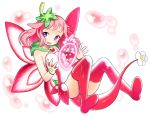  1girl bare_shoulders food_as_clothes food_themed_clothes hair_ornament kaki_s looking_at_viewer open_mouth personification pink_hair puzzle_&amp;_dragons red_legwear smile solo strawberry_dragon tail thighhighs violet_eyes wings 