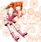  1girl boots bracelet character_name closed_eyes idolmaster jewelry necklace nightea open_mouth orange_hair smile solo striped_legwear takatsuki_yayoi thighhighs twintails 