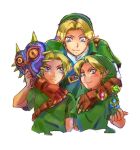  blonde_hair blue_eyes earrings gloves hat hug jewelry link majora&#039;s_mask mask multiple_persona nikayu nintendo ocarina_of_time pointy_ears smile the_legend_of_zelda time_paradox younger 