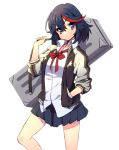  1girl :&lt; black_hair blue_eyes bow case hand_in_pocket jacket kill_la_kill matoi_ryuuko multicolored_hair pandaki_(aki) redhead school_uniform short_hair skirt sleeves_rolled_up solo two-tone_hair 