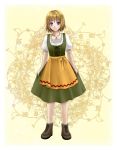  1girl apron blonde_hair dirndl full_body jewelry light_smile musical_note nanashi_no_r_(ryryswa) orange_hair pendant shoes short_hair socks solo traditional_clothes violet_eyes waist_apron 