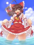  1girl ahoge bare_shoulders bow brown_eyes brown_hair detached_sleeves feet_in_water hair_bow hair_tubes hakurei_reimu musouzuki navel skirt skirt_lift soaking_feet solo sunbeam sunlight touhou wading water 