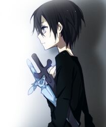  1boy black_eyes black_hair jianmo_sl kirito male short_hair sword sword_art_online tears weapon 