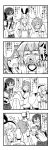  &gt;_&lt; 3girls 4koma blouse buruma comic glasses gym_uniform hairband hands_on_hips heart highres kantai_collection laughing long_hair long_sleeves monochrome multiple_girls name_tag necktie ooyodo_(kantai_collection) seraphwia shimakaze_(kantai_collection) shiratsuyu_(kantai_collection) short_hair sweat tears translation_request 