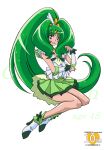 1girl adapted_costume anniversary arudebido blush bowtie brooch character_name copyright_name cure_march green_eyes green_hair green_skirt jewelry long_hair magical_girl midorikawa_nao ponytail precure shoes skirt smile smile_precure! solo tri_tails white_background wrist_cuffs 