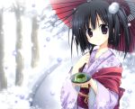  1girl absurdres black_hair food highres japanese_clothes kimono korie_riko parasol plate short_hair snowing umbrella violet_eyes 