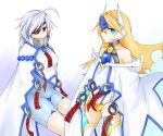  2girls ahoge blazblue blonde_hair blue_eyes bodysuit cape eyepatch mu-12 multiple_girls nu-13 red_eyes silver_hair 