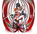  1girl black_hair blue_eyes boots epaulettes heri_(azame) highres junketsu kill_la_kill kiryuuin_satsuki long_hair looking_at_viewer matoi_ryuuko school_uniform solo sparkle sword thigh_boots thighhighs weapon 