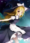  1girl apron armais_(me-chan337) blonde_hair blush frilled_skirt frills gradient gradient_background hat highres kirisame_marisa long_hair looking_at_viewer night open_mouth outstretched_arms short_sleeves skirt skirt_set sky solo star_(sky) starry_sky touhou waist_apron witch_hat yellow_eyes 