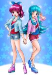  2girls :d ;d aino_megumi blue_background blue_eyes blue_hair happinesscharge_precure! holding_hands jacket long_hair mattsua multiple_girls open_mouth payot pink_eyes pink_hair ponytail precure roller_skates shirayuki_hime shirt short_hair shorts skates smile standing star starry_background symmetry v wink 